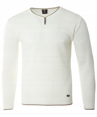 Sweter męski z okrągłym dekoltem krótkie zapięcie na guziki ecru pasy klasyczny - Devanti