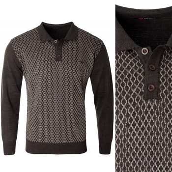 Sweter męski brązowy z kołnierzykiem polo na guziki ze ściągaczami wełna we ze wzorem - Reymo