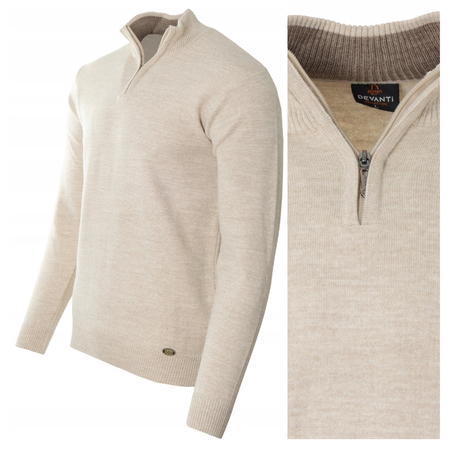 Sweter męski półgolf krótkie zapięcie na zamek beżowy gładki klasyczny - Devanti