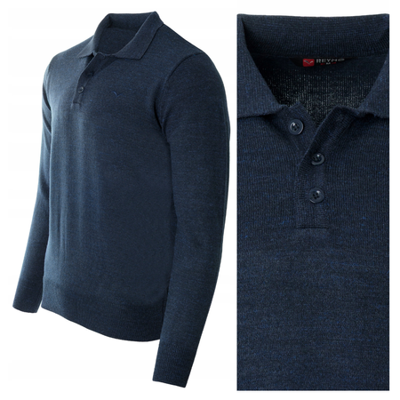 Bluza męska z kołnierzykiem polo na guziki granatowa gładka ze ściągaczami wełniana - Reymo