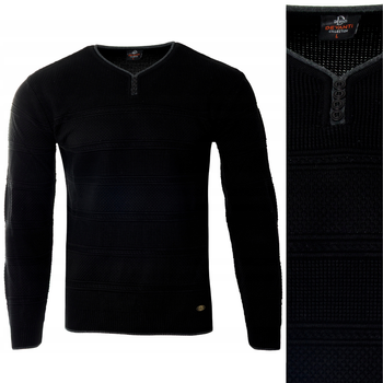 Sweter męski z okrągłym dekoltem krótkie zapięcie na guziki czarny pasy klasyczny - Devanti