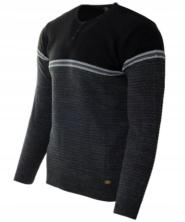 Sweter męski z okrągłym dekoltem krótkie zapięcie na guziki szaro-czarny klasyczny - Devanti