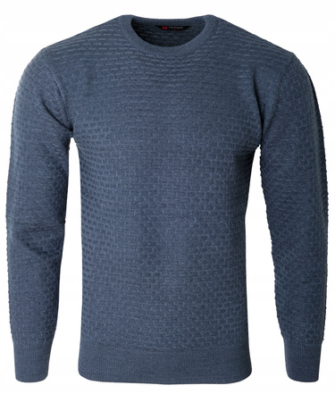 Sweter męski z okrągłym dekoltem pod szyję niebieski we wzór wełniany klasyczny ciepły - Reymo