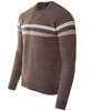 Sweter męski z okrągłym dekoltem brązowy wzór pasy wełniany klasyczny - Devanti