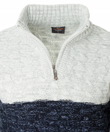 Sweter męski półgolf na krótki zamek jesienny granatowo-szary ze wzorem wełniany ciepły - Devanti