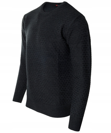 Sweter męski z okrągłym dekoltem pod szyję czarny we wzór wełniany klasyczny ciepły - Reymo