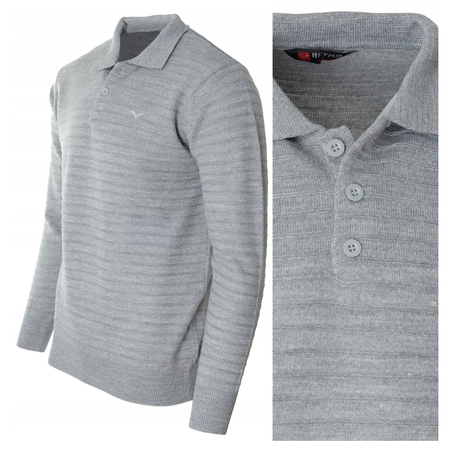Bluza męska z kołnierzykiem polo na guziki szara wzór w pasy ze ściągaczami bawełniana - Reymo