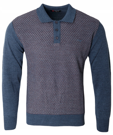 Sweter męski niebieski z kołnierzykiem polo na guziki ze ściągaczami wełna we wzór - Reymo