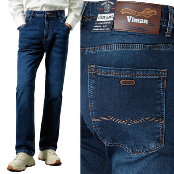 Spodnie jeansy męskie z lekkimi przetarciami granatowe proste bawełniane - Viman