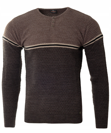 Sweter męski z okrągłym dekoltem krótkie zapięcie na guziki ciemno-brązowy klasyczny - Devanti