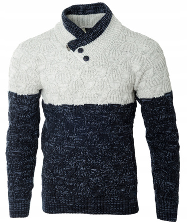 Sweter męski z okrągłym dekoltem zapięcie na krótki zamek i guziki granatowo-biały klasyczny - Devanti