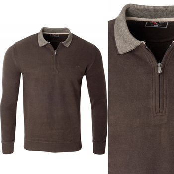 Bluza męska ciemno-brązowa z kołnierzykiem na zamek ze ściągaczami bawełna - Reymo