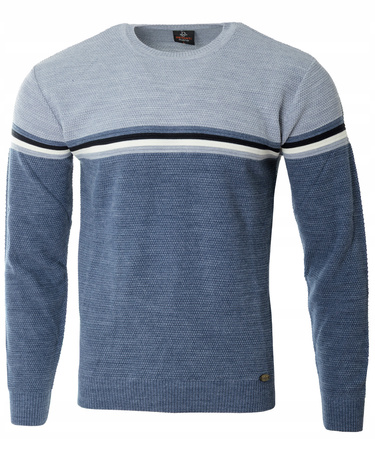 Sweter męski z okrągłym dekoltem wełniany niebiesko-błękitny pasy klasyczny - Devanti
