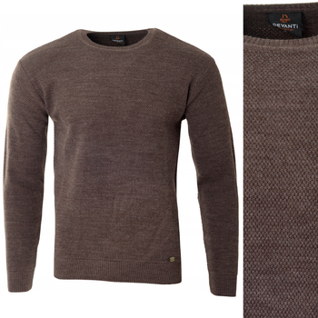 Sweter męski z okrągłym dekoltem ciemno-brązowy wełniany klasyczny - Devanti