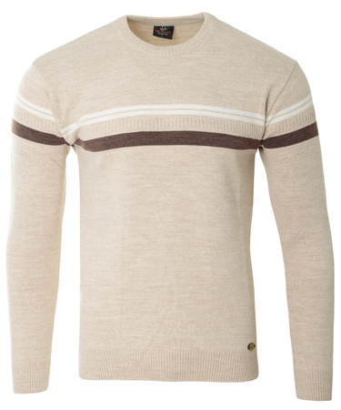 Sweter męski z okrągłym dekoltem beżowy wzór pasy wełniany klasyczny - Devanti
