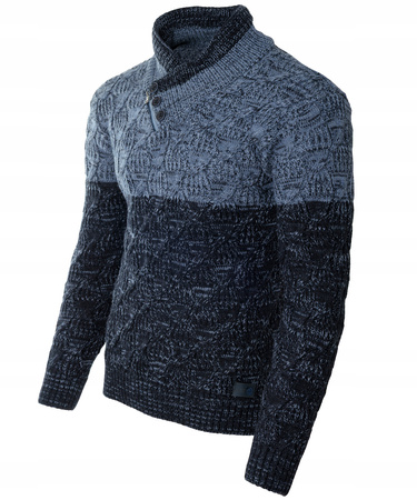 Sweter męski z okrągłym dekoltem zapięcie na krótki zamek i guziki niebieski klasyczny - Devanti