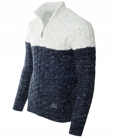 Sweter męski półgolf na krótki zamek jesienny granatowo-szary ze wzorem wełniany ciepły - Devanti