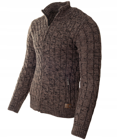 Sweter męski półgolf rozpinany jesienny brązowy ze wzorem wełniany ciepły - Devanti 