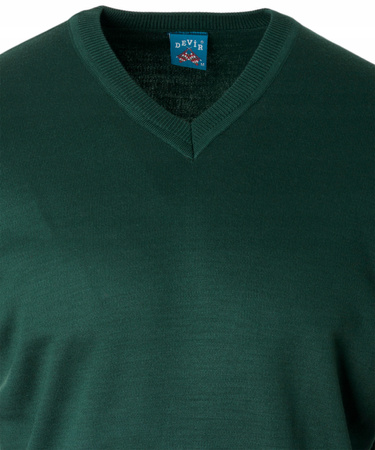 Sweter męski z dekoltem w serek wełniany zielony gładki klasyczny - Devir