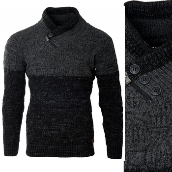 Sweter męski z okrągłym dekoltem zapięcie na krótki zamek i guziki czarny klasyczny - Devanti