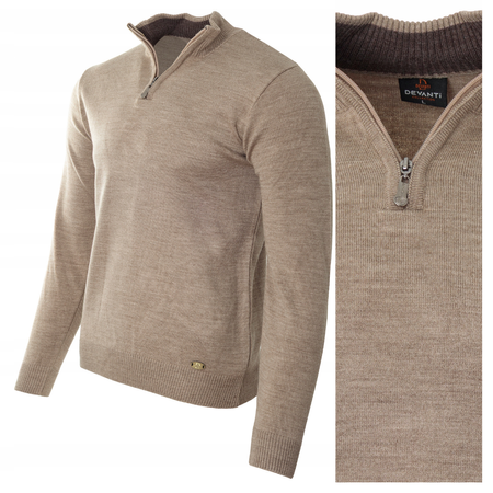 Sweter męski półgolf krótkie zapięcie na zamek brązowy gładki klasyczny - Devanti