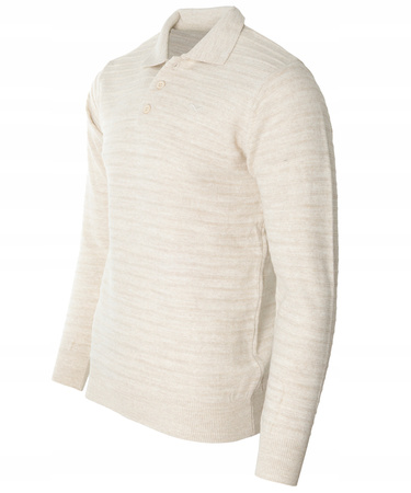 Bluza męska z kołnierzykiem polo na guziki beżowa wzór w pasy ze ściągaczami bawełniana - Reymo