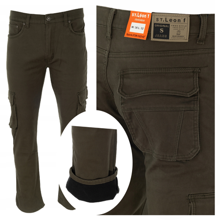 Spodnie męskie bojówki ocieplane polarem bawełniane proste zielone - St. Leon