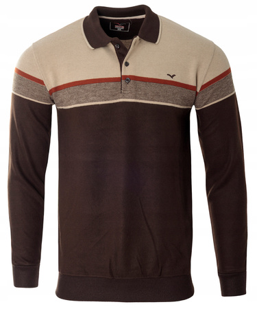 Bluza męska brązowo-beżowa z kołnierzykiem polo na guziki ze ściągaczami bawełniana - Reymo