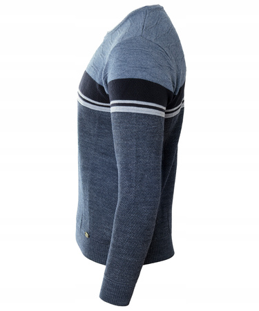 Sweter męski z okrągłym dekoltem niebieski wzór pasy wełniany klasyczny - Devanti