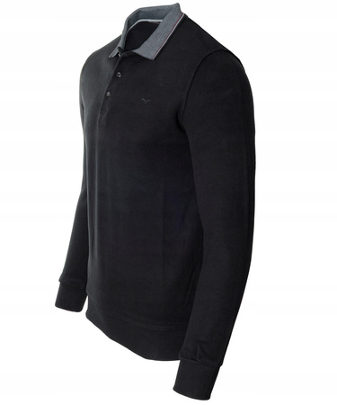 Bluza męska czarna gładka z kołnierzykiem polo na guziki ze ściągaczami bawełniana - Reymo