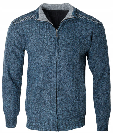 Sweter męski rozpinany ocieplany polarem jesienny niebieski ze wzorem 