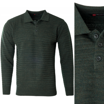 Bluza męska z kołnierzykiem polo na guziki zielona wzór w pasy ze ściągaczami bawełniana - Reymo