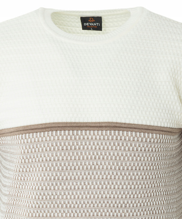 Sweter męski z okrągłym dekoltem beżowy wzór geometryczny pasy wełniany klasyczny - Devanti