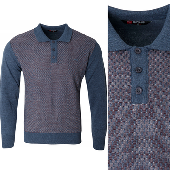 Sweter męski niebieski z kołnierzykiem polo na guziki ze ściągaczami wełna we wzór - Reymo