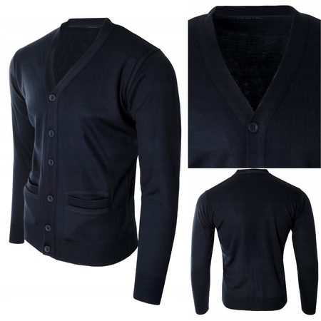 Sweter męski kardigan zapinany na guziki jesienny V-dekolt granatowy gładki wełniany - Devir Orme