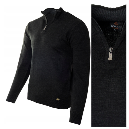 Sweter męski półgolf krótkie zapięcie na zamek czarny gładki klasyczny - Devanti