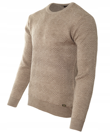 Sweter męski z okrągłym dekoltem brązowy wzór wełniany klasyczny - Devanti