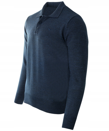 Bluza męska z kołnierzykiem polo na guziki granatowa gładka ze ściągaczami wełniana - Reymo