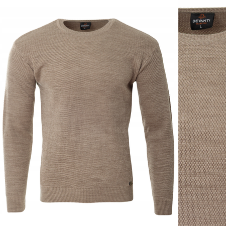 Sweter męski z okrągłym dekoltem brązowy wełniany klasyczny - Devanti