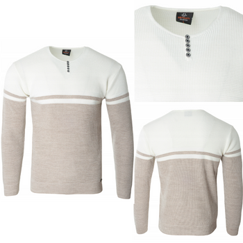 Sweter męski z okrągłym dekoltem z guzikami biało-beżowy klasyczny - Devanti