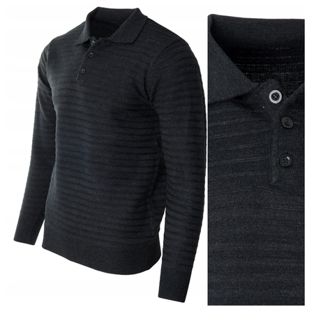 Bluza męska z kołnierzykiem polo na guziki czarna wzór w pasy ze ściągaczami bawełniana - Reymo