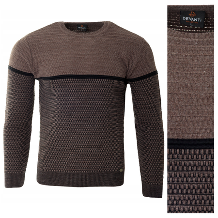 Sweter męski z okrągłym dekoltem ciemno-brązowy wzór geometryczny pasy wełniany klasyczny - Devanti