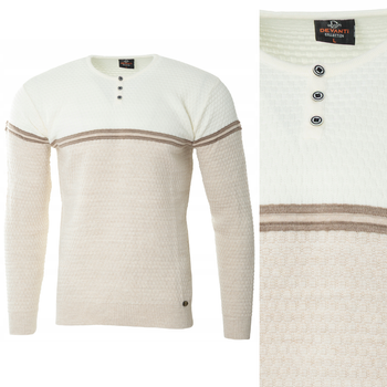 Sweter męski z okrągłym dekoltem krótkie zapięcie na guziki beżowo-biały klasyczny - Devanti