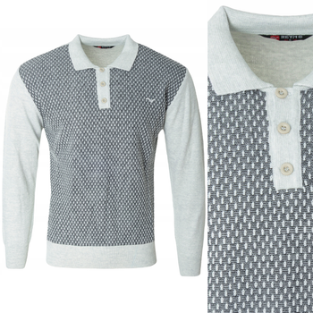 Sweter męski szary z kołnierzykiem polo na guziki ze ściągaczami wełna we wzór - Reymo