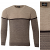Sweter męski z okrągłym dekoltem brązowy wzór geometryczny pasy wełniany klasyczny - Devanti