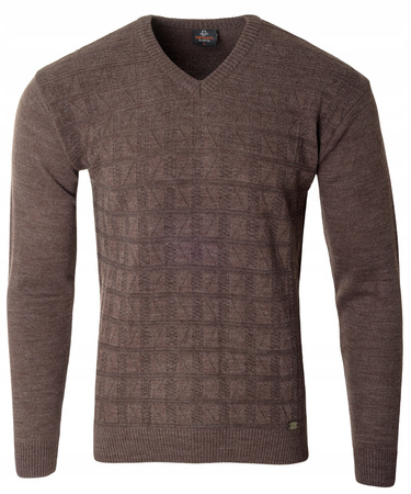 Sweter męski brązowy dekolt w serek V wzór kratka wełniany turecka Devanti