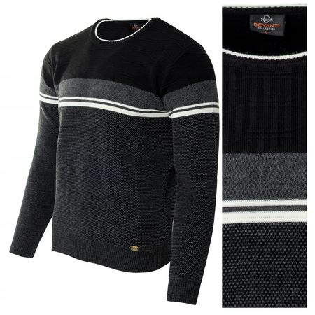 Sweter męski z okrągłym dekoltem czarny wzór pasy wełniany klasyczny - Devanti