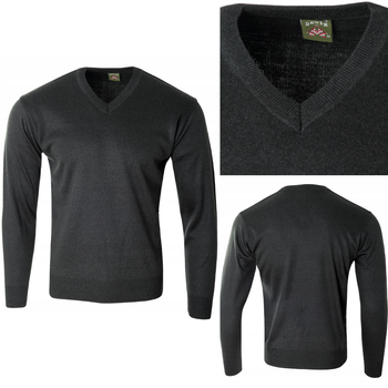 Sweter męski z dekoltem w serek wełniany antracytowy gładki klasyczny - Devir