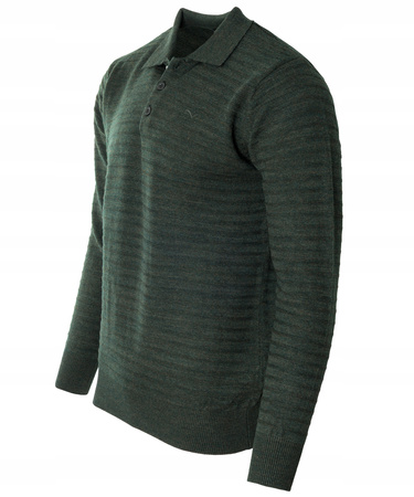 Bluza męska z kołnierzykiem polo na guziki zielona wzór w pasy ze ściągaczami bawełniana - Reymo
