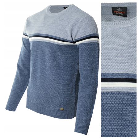 Sweter męski z okrągłym dekoltem wełniany niebiesko-błękitny pasy klasyczny - Devanti